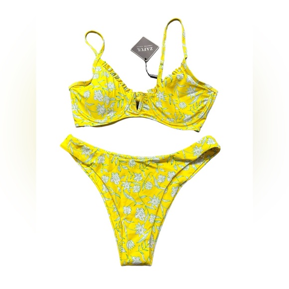 ZAFUL women’s yellow floral underwire V front high cut bikini set size M NWT - Picture 2 of 7